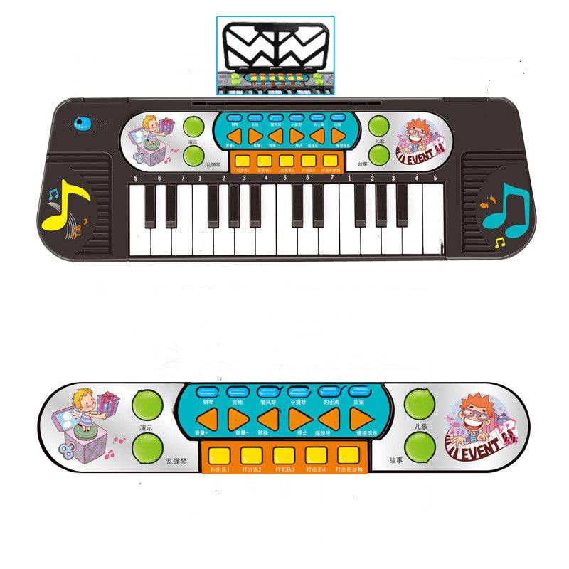 Children's toy keyboard with colorful buttons and cartoon designs on a white background