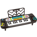 Children's toy keyboard with colorful buttons and a stand on a white background