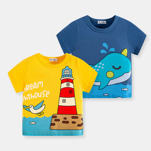 Two children's t-shirts with lighthouse and whale designs on a white background