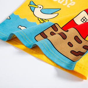 Children's shorts with cartoon design of a house and bird on a yellow background