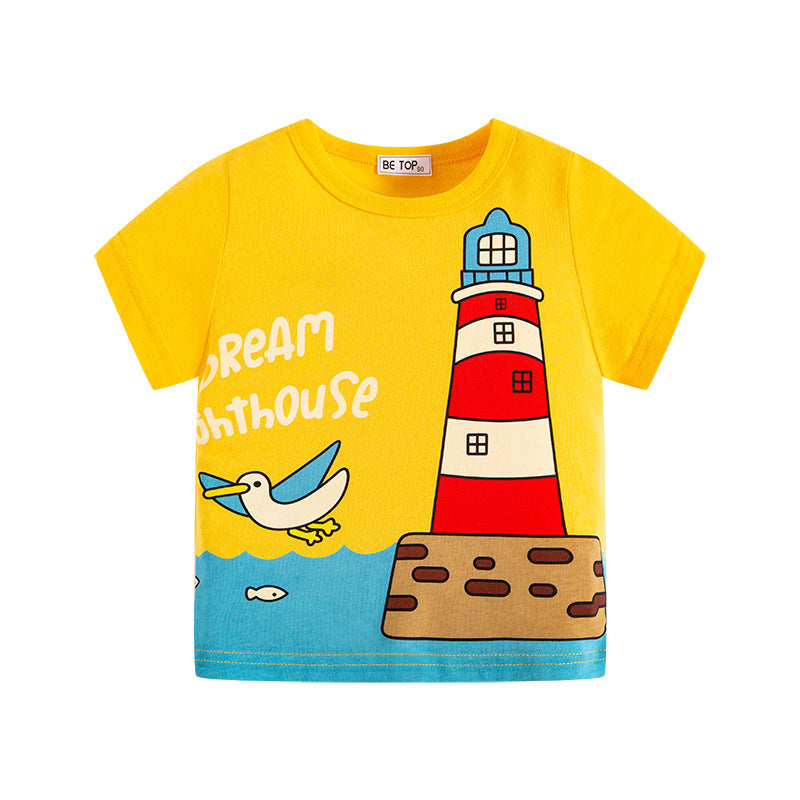 Yellow t-shirt with a lighthouse design and text on a white background