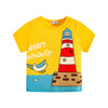 Yellow t-shirt with a lighthouse design and text on a white background