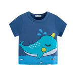 Blue children's t-shirt with a whale design on a white background